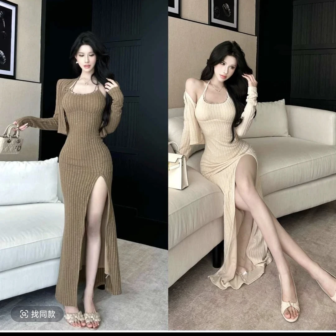 焦糖暮色针织开叉挂脖连衣裙开衫D25Q2770+D25N2769