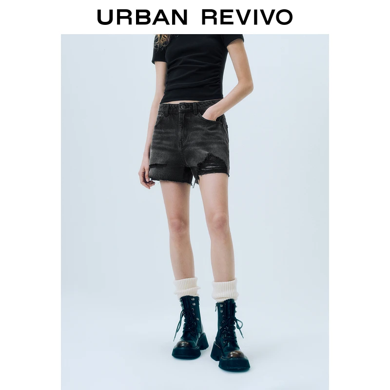 UR2025春季新款女装潮流休闲百搭破洞毛须牛仔短裤UYY850004