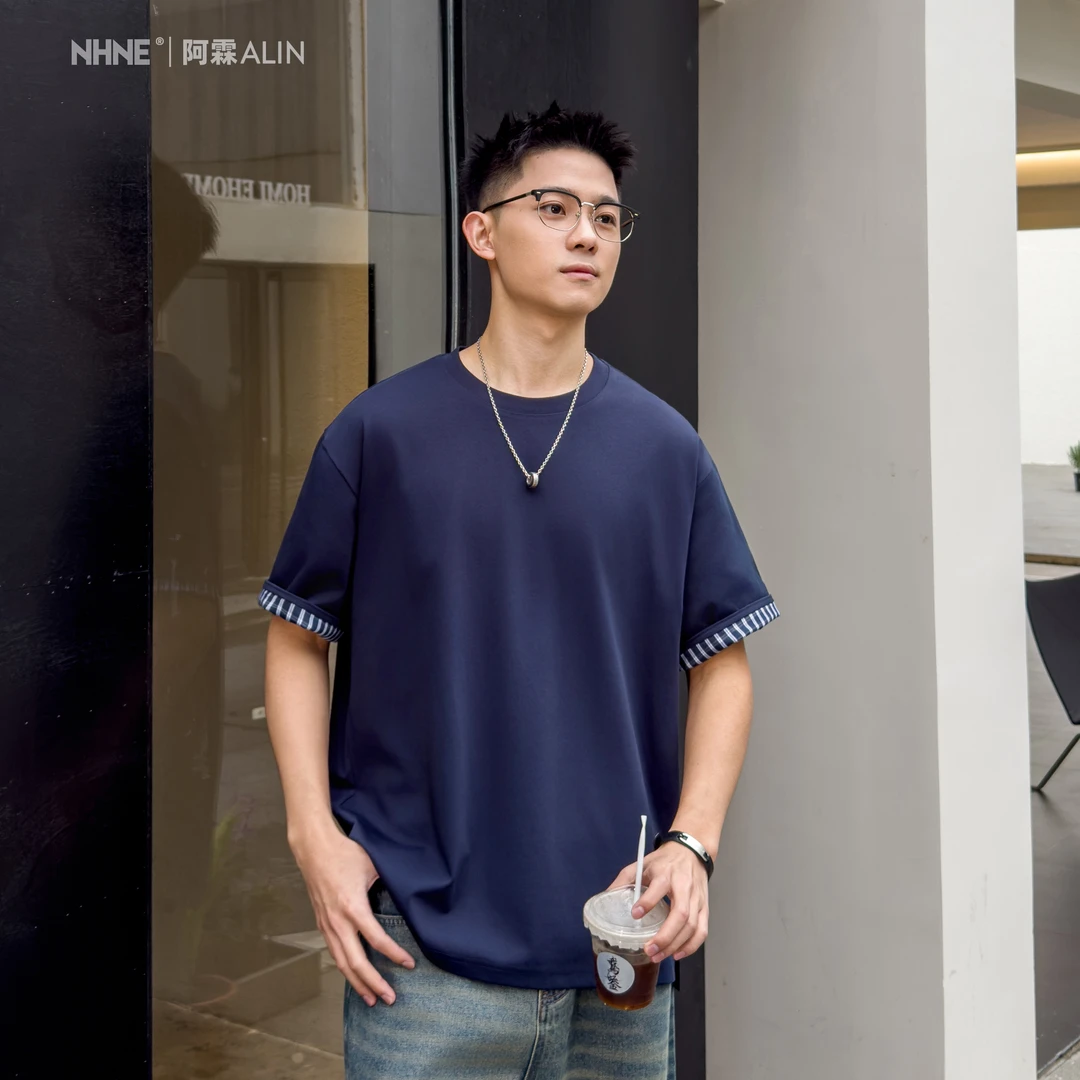 【阿霖ALIN】夏季t恤翻折拼接格纹圆领短袖T恤百搭复古上衣