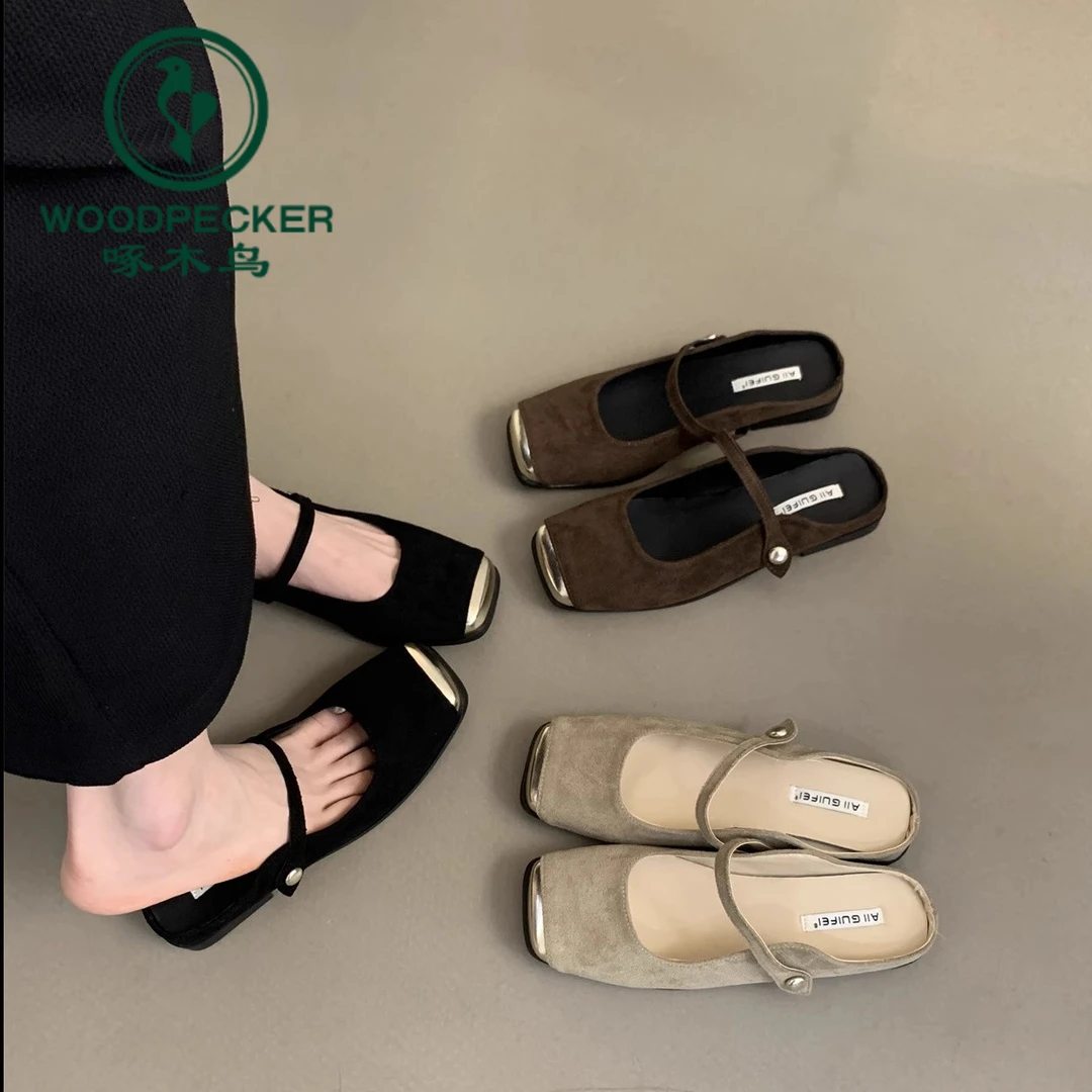 啄木鸟包头半拖鞋夏仙女新款韩版休闲温柔晚风配裙子平底穆勒单鞋