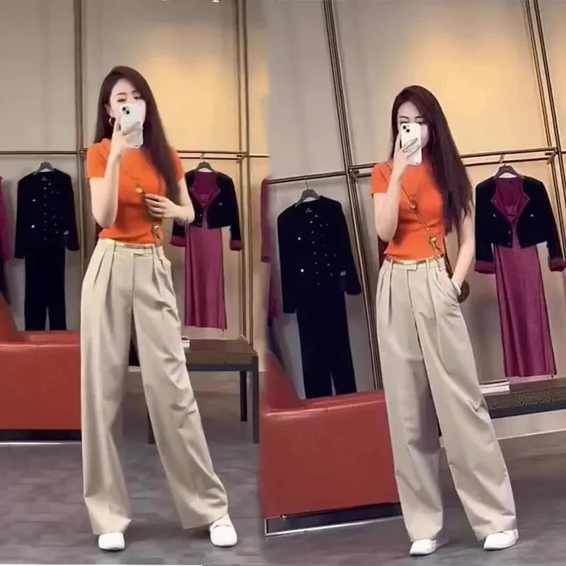 夏装盐系T恤直筒休闲阔腿裤2025年夏季梨形身材高腰垂感时尚套装