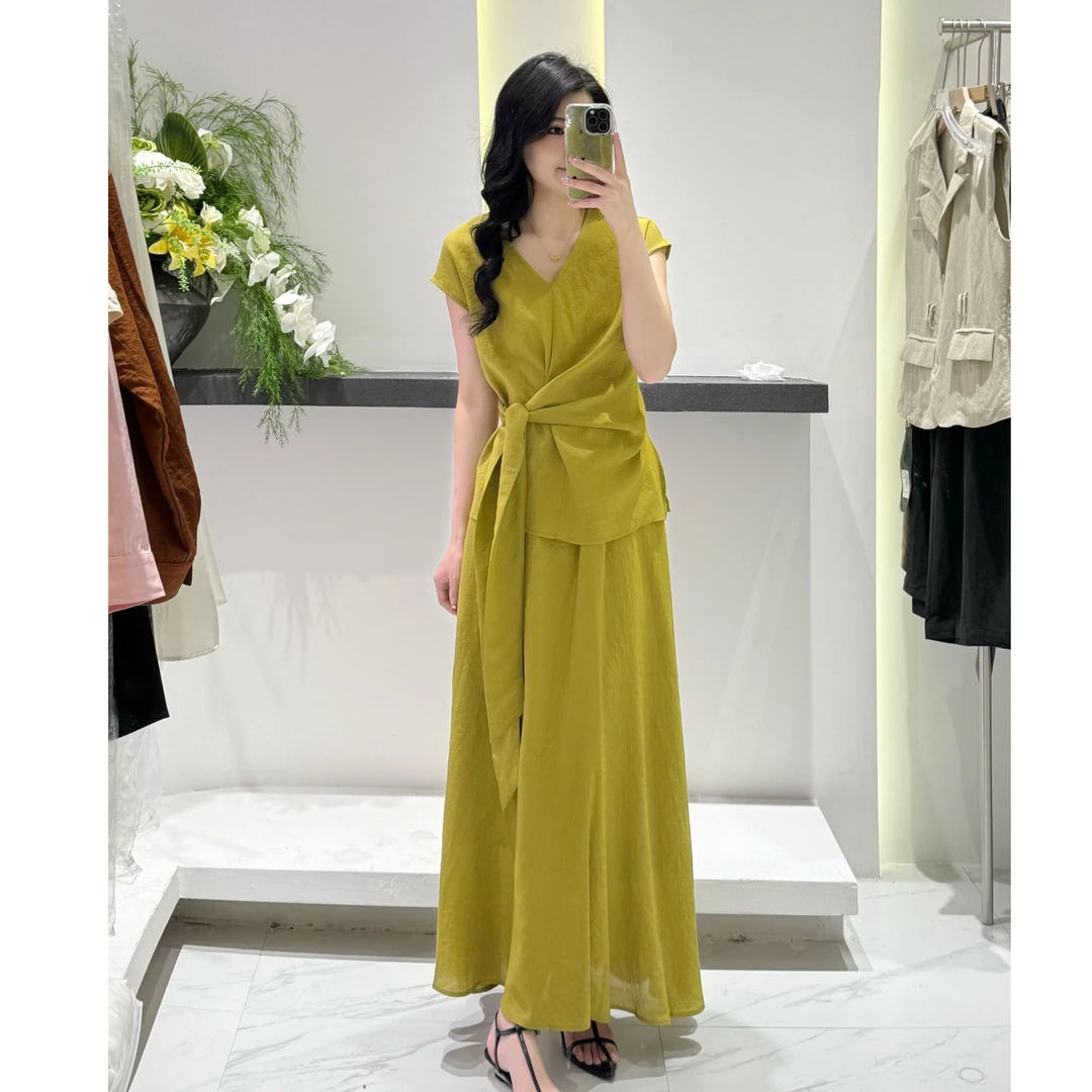 [有感家服饰]裹身系带V领挂脖无袖上衣夏高腰显瘦长裙套装1233
