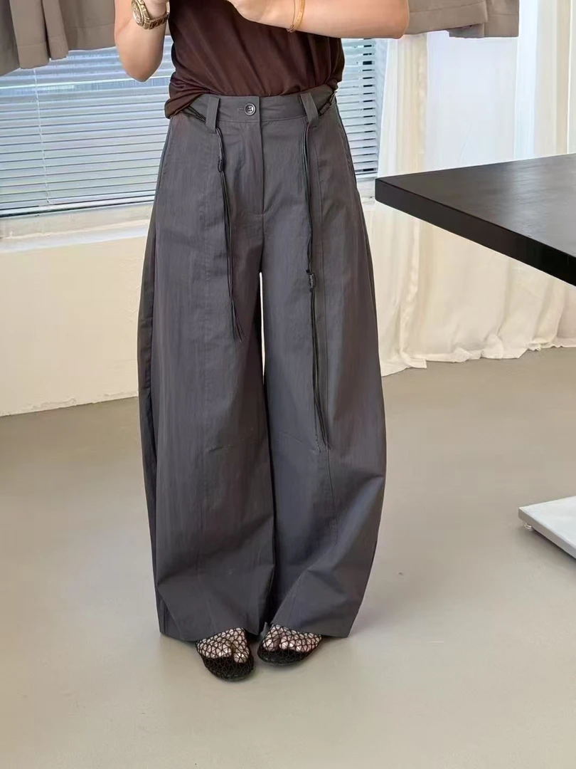 小清家）夏季时尚轻薄腰带松紧腰直筒镰刀阔腿裤