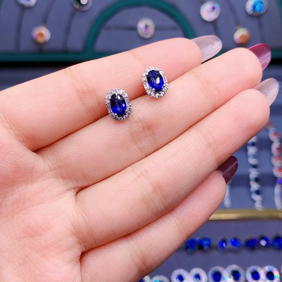 蓝宝石耳饰银S925镶嵌