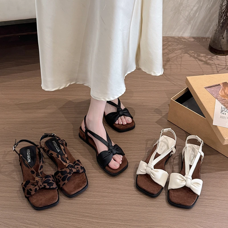 小众法式坡跟鞋蝴蝶结凉鞋仙女鞋子2025新款夏季气质配裙子罗马鞋