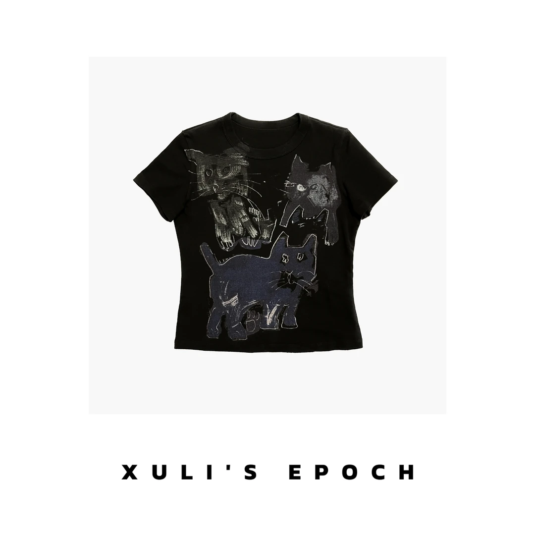 XULI'S EPOCH猫咪手绘涂鸦半袖T恤·618-2150·发回拉黑