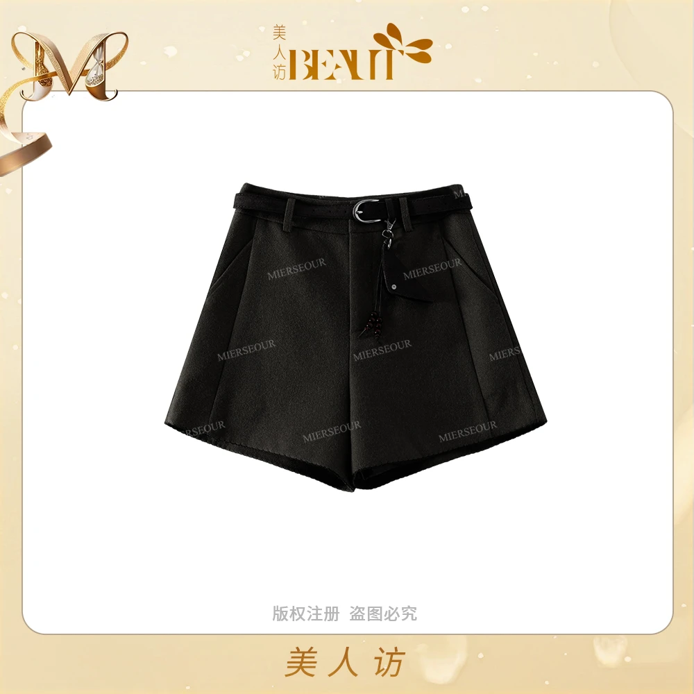 美人访巨显瘦新款百搭老钱风带腰带短裤10395