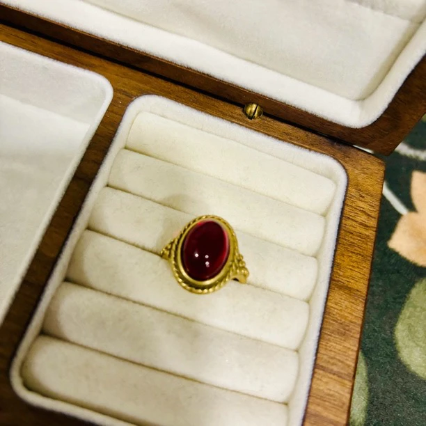 黄铜合成锆石戒指 时尚复古中古VINTAGE 简约红色琉璃开口戒指