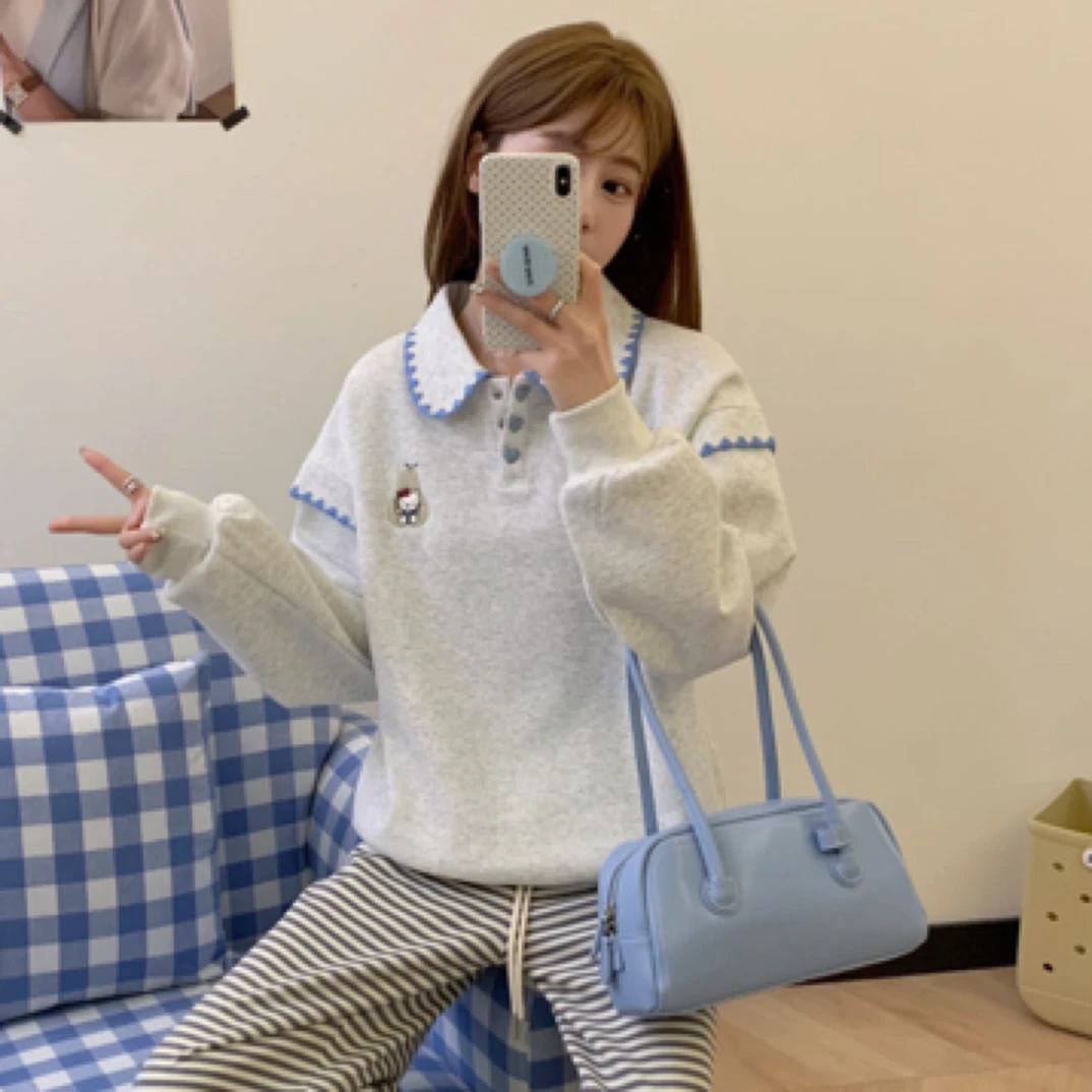 2997水果KT猫重工刺绣翻领贝壳绣Polo领卫衣套头长袖宽松韩版女装