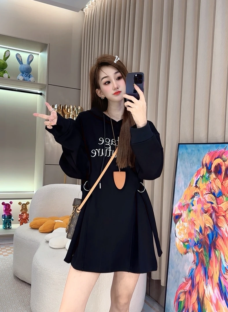 包袖套头休闲运动风款绑带纯色早秋卫衣连帽中长款卫衣裙百搭