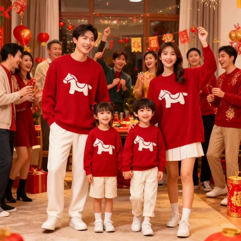 26新年马年亲子装一家三口四口潮图圆领提花加厚保暖马年亲子装