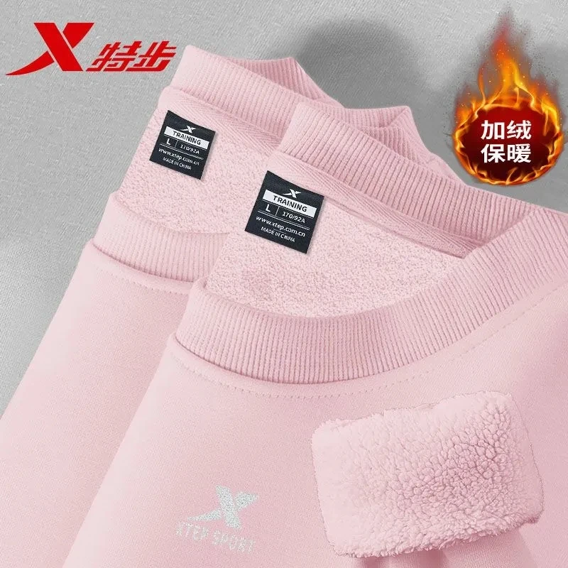 特步女运动卫衣正品春季套头衫上衣休闲圆领加绒保暖女士长袖休闲