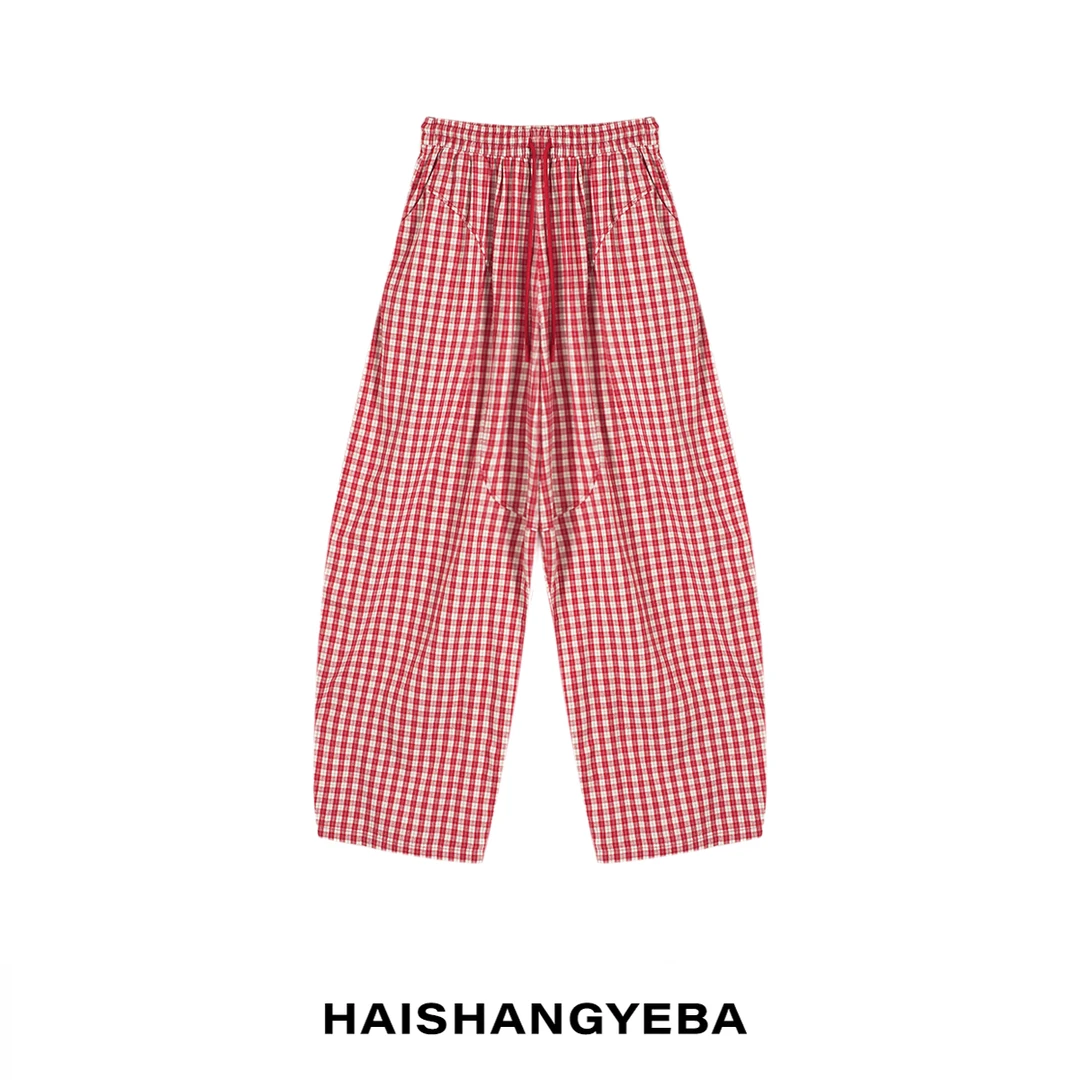 【海上叶爸】新款2025夏季百搭棉松紧腰宽松格子阔腿休闲裤