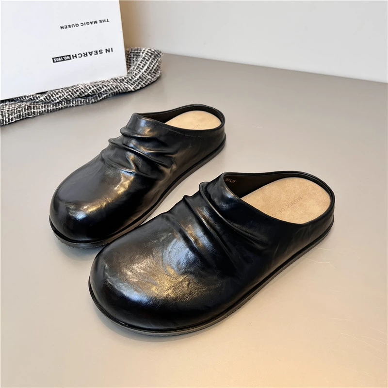 真皮厚底勃肯拖鞋女外穿2025春夏新款时尚增高褶皱一脚蹬包头拖鞋