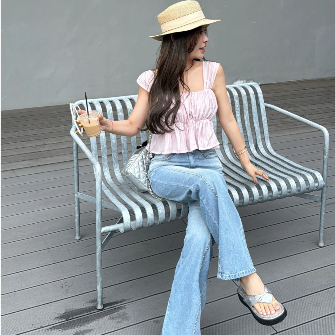【YKL】粉色信签 甜美粉色方领褶皱吊带/蓝色重工柳钉牛仔裤