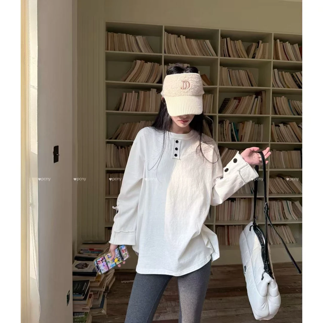 PCNY「双色九扣」不理理秋季新款女装时尚休闲多扣长袖T恤女