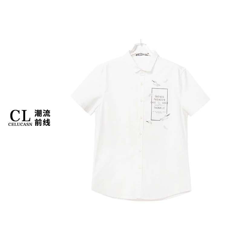 O7KI3519#男款薄款简约时尚棉质翻领印花羽毛短袖休闲百搭上衣t恤