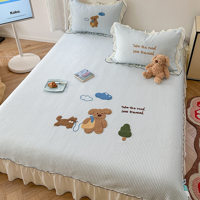 夏季冰丝豆豆凉席三件套夏天床笠床裙款可机洗单人折叠空调软席子