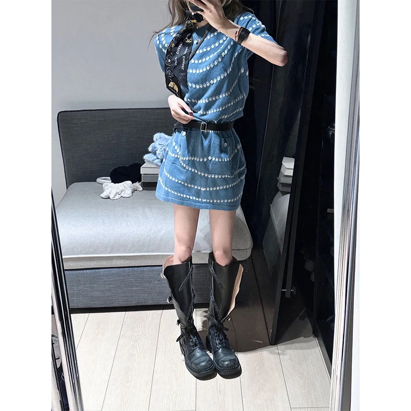 parkyeon春夏新款韩系设计感蓝色人间富贵花 针织珍珠提花连衣裙