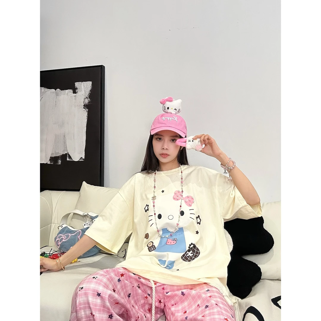 【包包KT】280克重磅精梳棉钉珠kitty短袖T恤宽松情侣男女同款