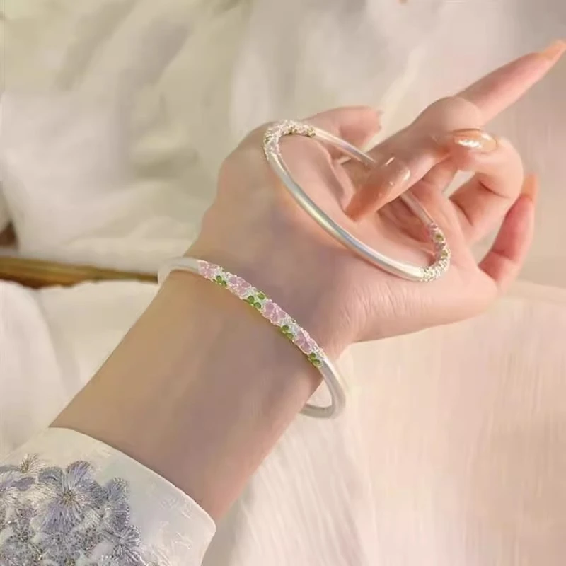 足银手镯 梅花卷草纹手镯足银999新中式简约百搭风情人节送女朋友