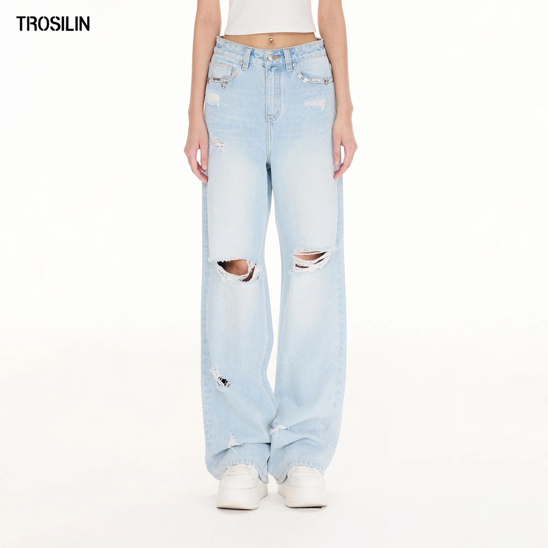 TROSILIN25早秋 破洞毛边牛仔裤直筒水洗做旧A25JH002BL-H