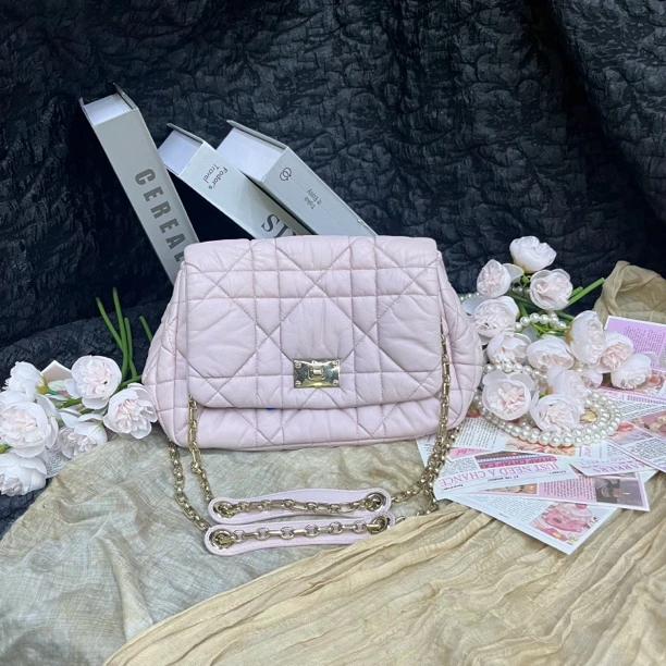 95新 DIOR/迪奥 迪奥粉色菱格纹手提包斜挎包