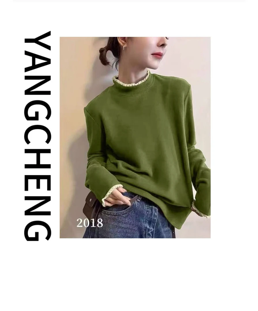 【YC-花边德绒打底-2018】长袖网红时尚百搭宽松半高领圆领长袖针织