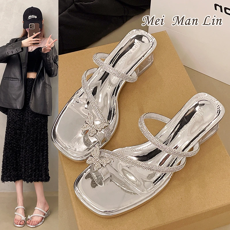 梅蔓琳蝴蝶结法式露趾搭扣水钻时装凉鞋外穿仙女风粗跟美式