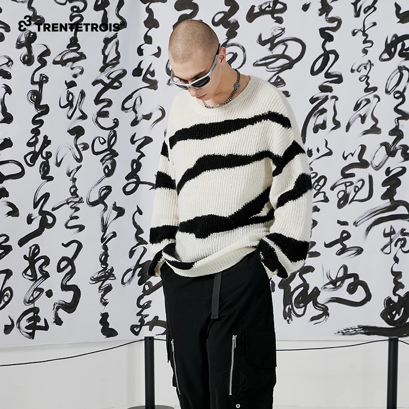 33潮牌条纹百搭长袖圆领宽松休闲针织衫