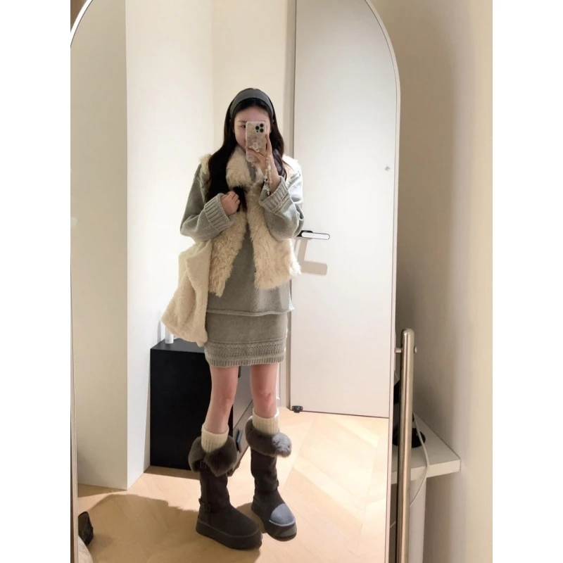 MARIE.COCO韩系软糯羊羔绒马甲女搭高级灰设计感上衣半身裙一整套