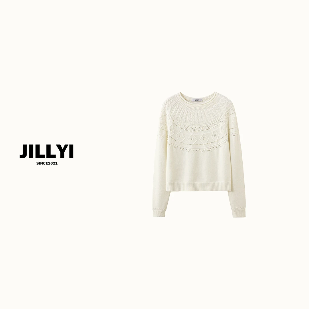 JILLYI【白梨轻语】白色圆领螺纹工艺简约纯色百搭针织衫