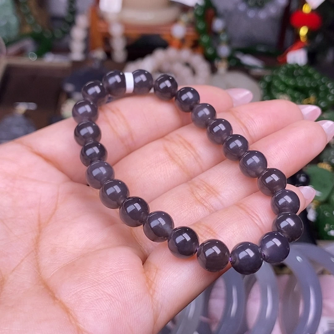 和田玉烟紫冰底老料约8mm手串未镶嵌