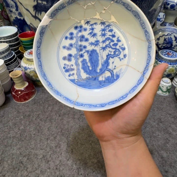 千***一杯子陶瓷工艺品摆件青花盘修复件