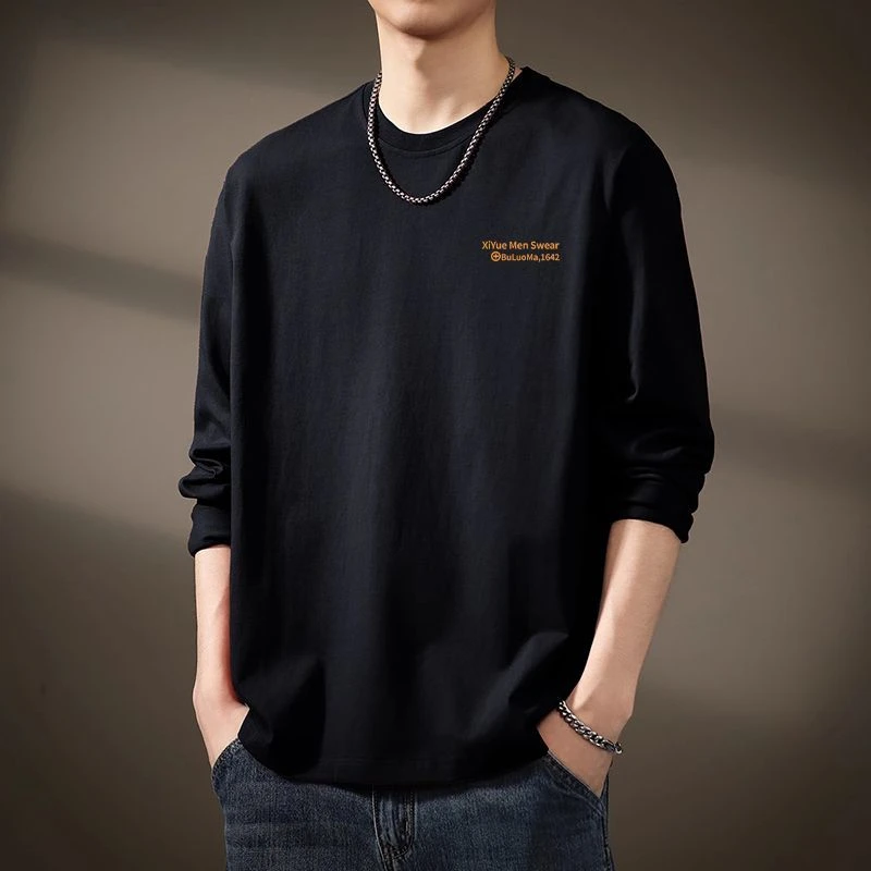 美式重磅长袖纯棉T恤秋季男士新款潮流宽松圆领休闲印花上衣打底
