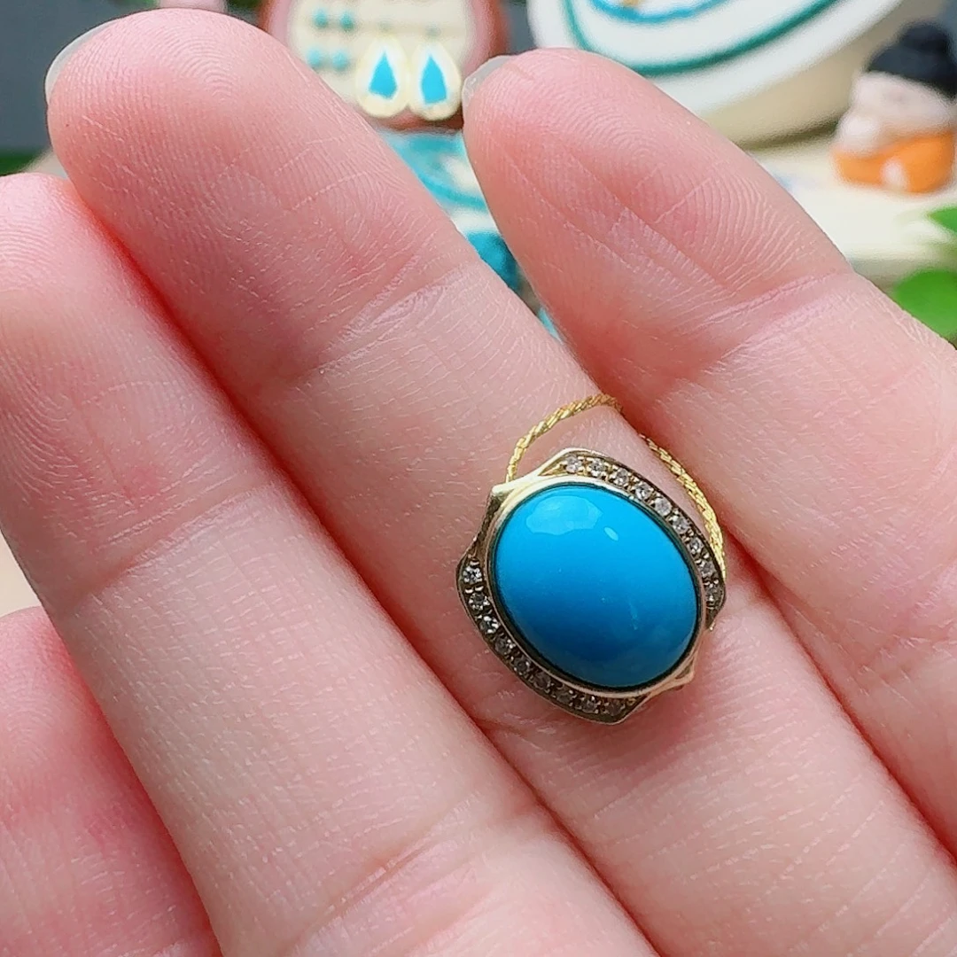 绿松石18K金镶嵌高瓷玉化暴暴蓝背云儿配饰