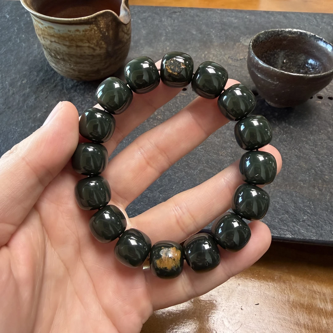 析木河磨玉黑羊脂卡14老型珠串皮色一绝玻璃底油润细腻微结构