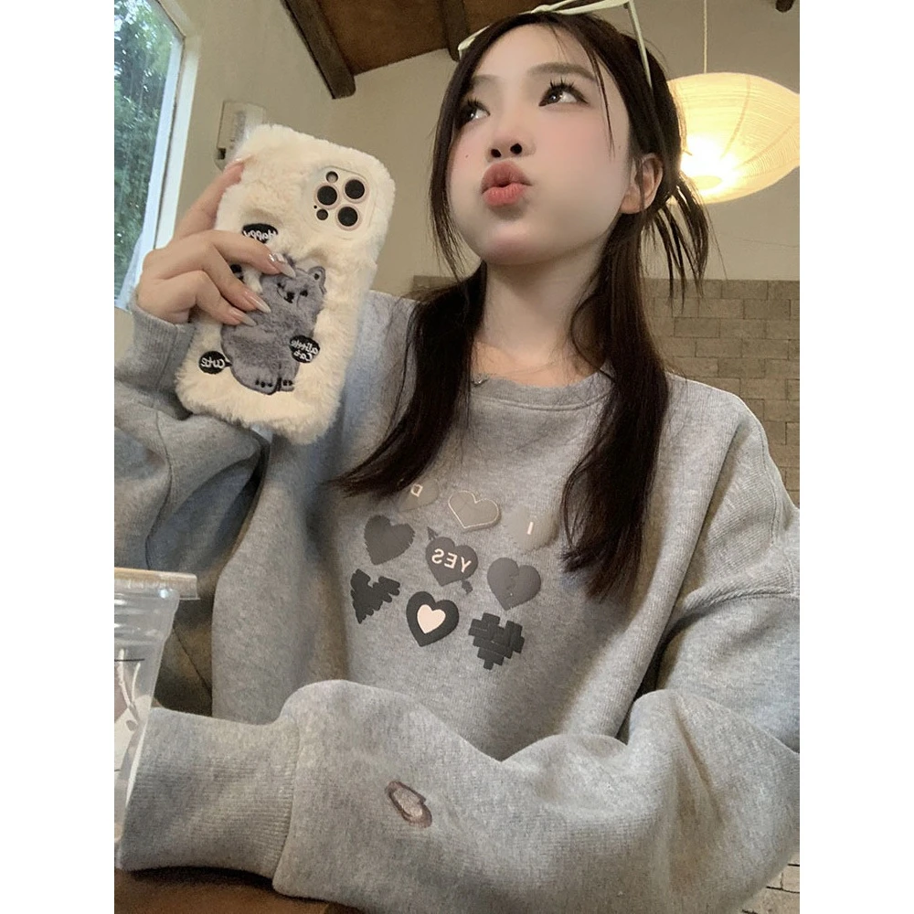 爱心印花加绒卫衣加厚女秋冬季2025新款爆款宽松慵懒风美式上衣