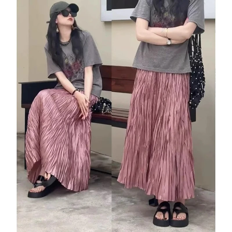 大码肌理感褶皱半身裙女夏季高腰显瘦欧若风裙子宽松中长款a字裙