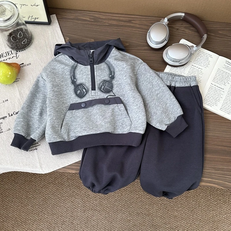 两件套【棉的】儿童套装春秋新款男童韩版印花连帽卫衣卫裤AT032