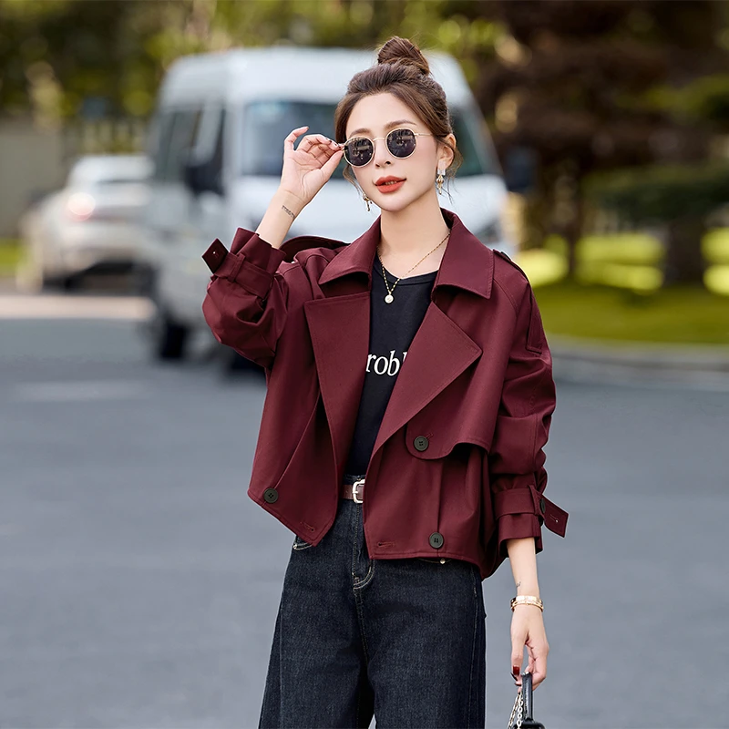 安可拉红短款风衣外套女2025春秋欧货小个子洋气爆款收腰夹克上衣