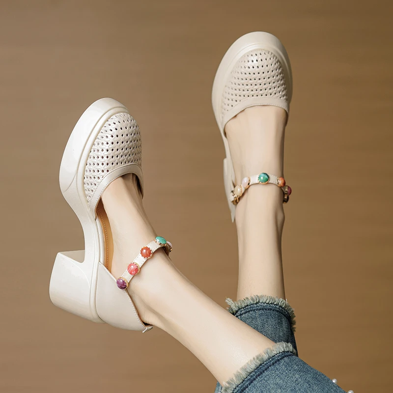 法式厚底镂空包头凉鞋女2025新款春夏真皮圆头中空洞洞鞋粗跟鞋