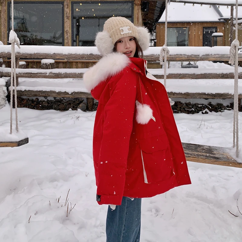 红色韩系大毛领连帽派克羽绒服女2025冬新款减龄保暖90白鸭绒外套