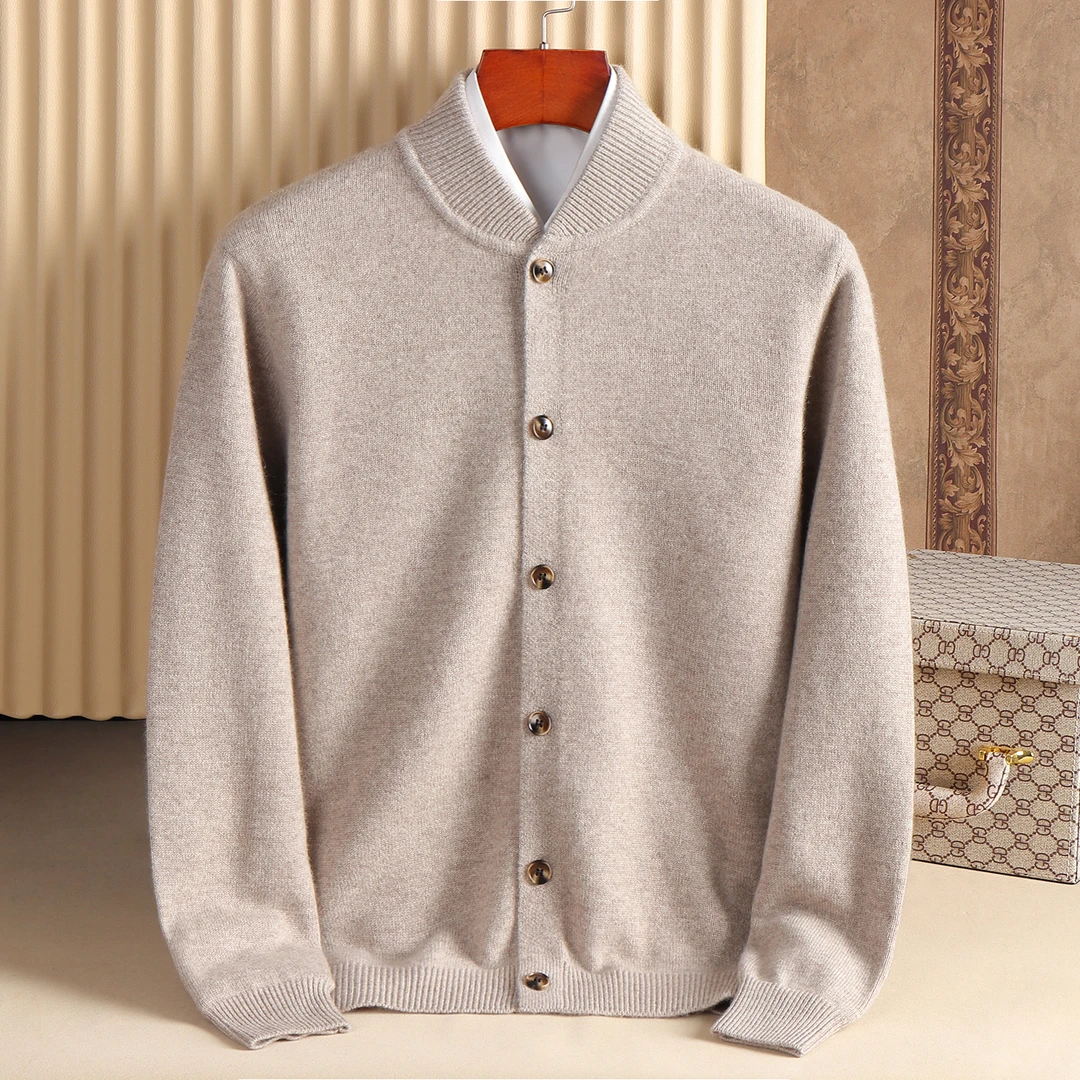 双股加厚纯山羊绒100%男款正品直播羊绒开衫纽扣棒球领羊绒衫外套