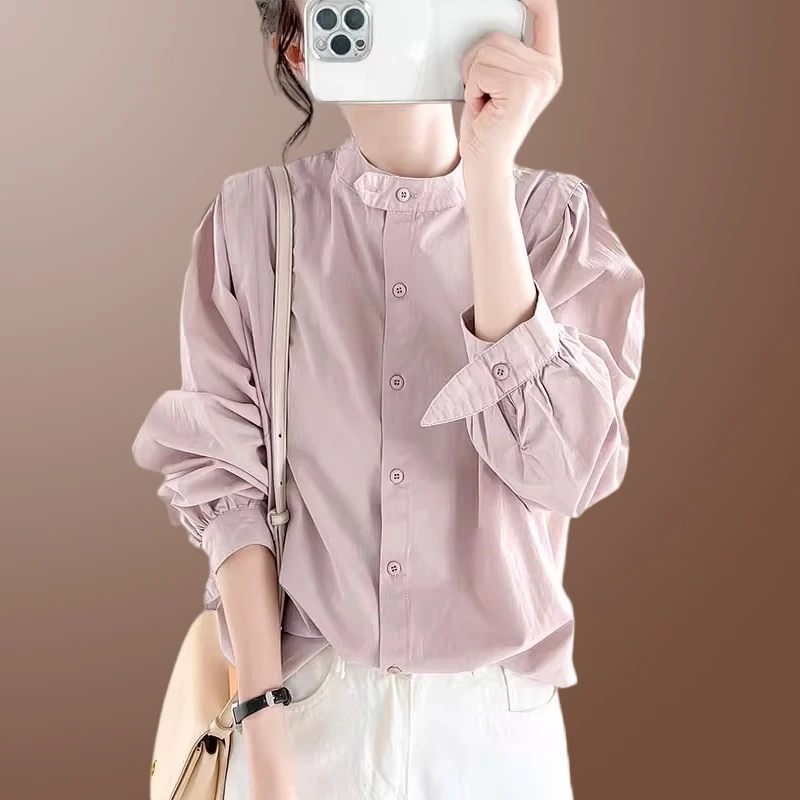 纯棉高级感长袖衬衫女款外穿2025春秋新款复古打底衫衬衣女装上衣