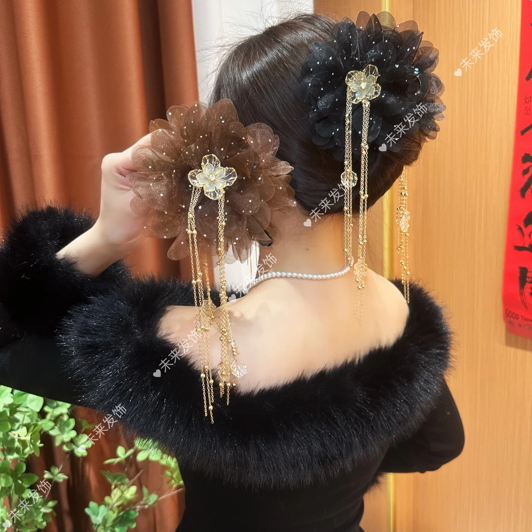 未来 【金枝玉叶】冬季新款高级感牡丹花流苏抓夹气质百搭显发量