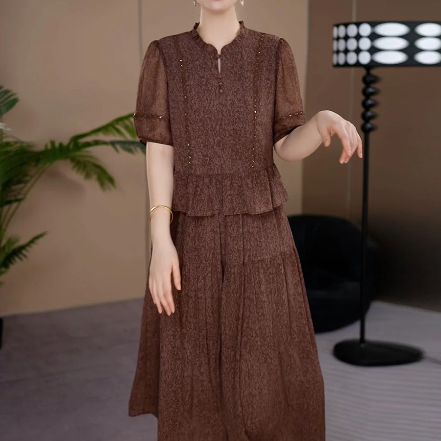 C551短袖假两件连衣裙夏季2025大码女装妈妈遮肉显瘦气质裙子