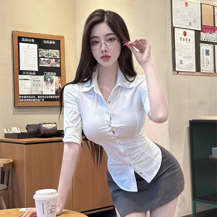 春季白色衬衫女上衣性感纯欲OL制服御姐风气质工作服修身显瘦衬衣