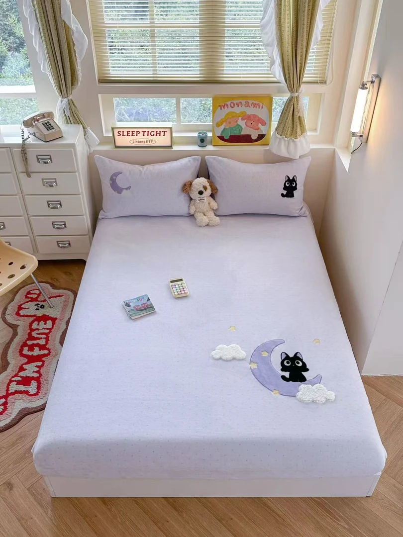 双12活动款-绒床笠三件套-牛奶绒保暖卡通刺绣床笠