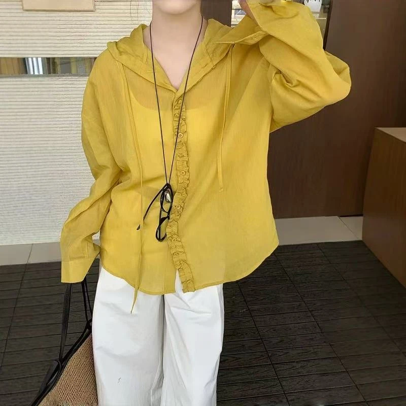 法式木耳边连帽防晒衬衫外套女夏季薄款宽松慵懒风空调衫休闲上衣